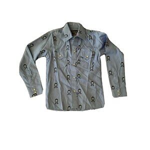 Boca Negro Jr. Blue Boys Youth Western Horseshoe Cowboy Shirt Size 10